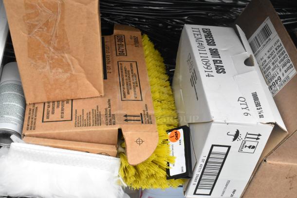 6-tier chrome wire shelving unit, includes lotion hand soap, microfiber duster refill, and boxed items. Buyer dismantles.