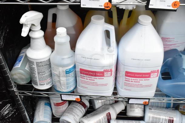 Chrome finish 6-tier wire shelving with various cleaning supplies, including lotion hand soap. Buyer must dismantle.