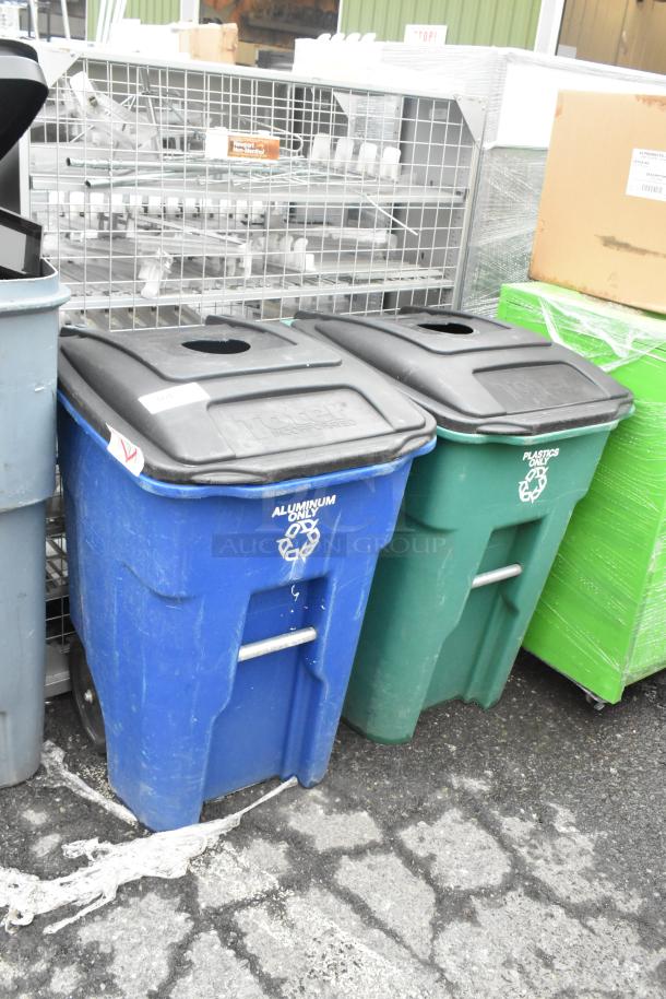 Pair of Poly Trash Cans with hinge lids. One blue with "Aluminum Only" label; one green with "Plastics Only" label.