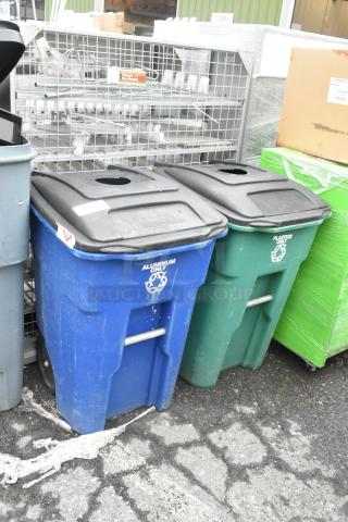 Pair of Poly Trash Cans with hinge lids. One blue with "Aluminum Only" label; one green with "Plastics Only" label.
