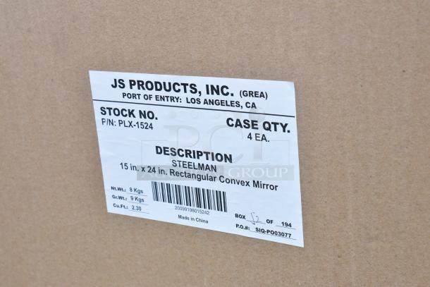 IN ORIGINAL BOX! Steelman 15"x24" rectangular convex mirror by JS Products. Stock No. PLX-1524, case of 4, made in China.