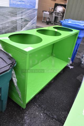Green counter with three circular cutouts and an under shelf, in good condition, tagged with item number 11299.