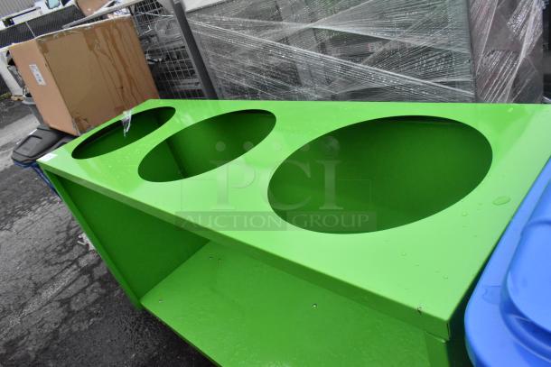 Green counter with three circular cutouts and an under shelf. New condition, suitable for retail or industrial use.