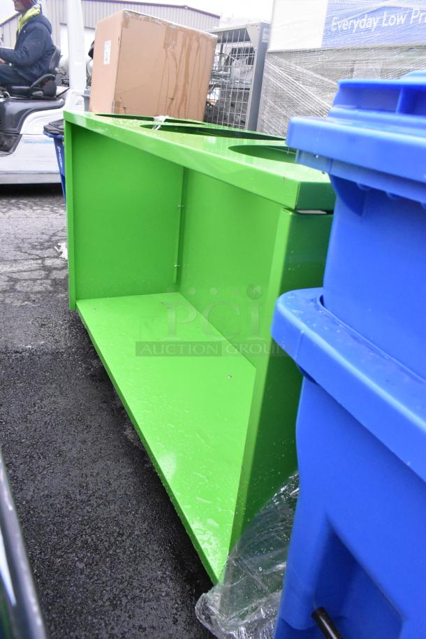 Green counter with three cutouts and an under shelf, in good condition. Suitable for storage or display use.