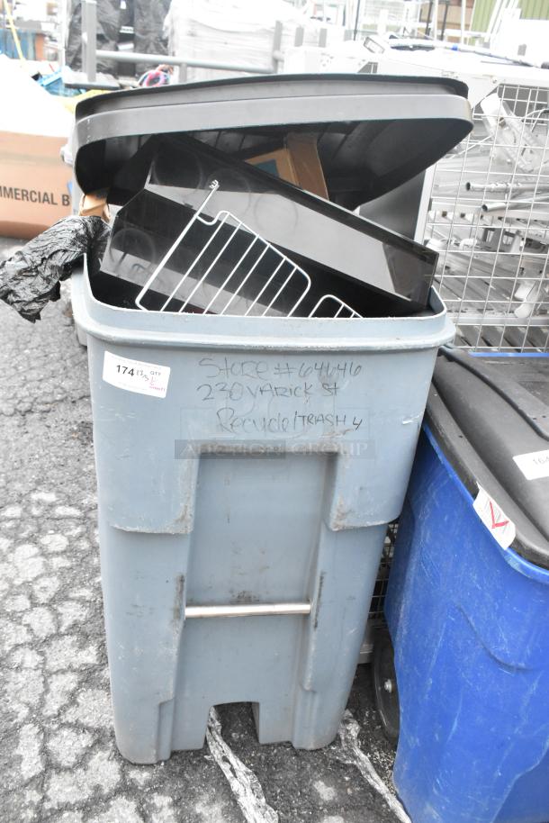 Gray poly trash can with various contents, including a red bucket. Marked with "Store #604646, 230 Varick St, Recycle/Trash."
