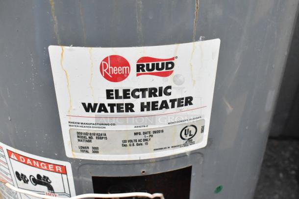 2016 Rheem Rudd EGSP15 Electric Water Heater, 120 Volts, 1 Phase, labeled with model and manufacturing details.