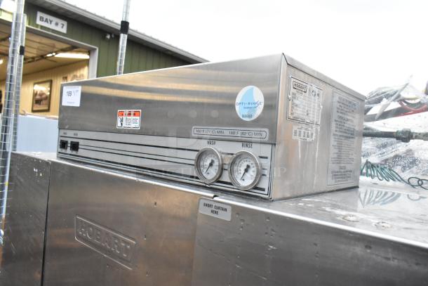 Hobart C44A stainless steel conveyor dishwasher, commercial floor style, 480 volts, 3 phase, with temperature gauges.