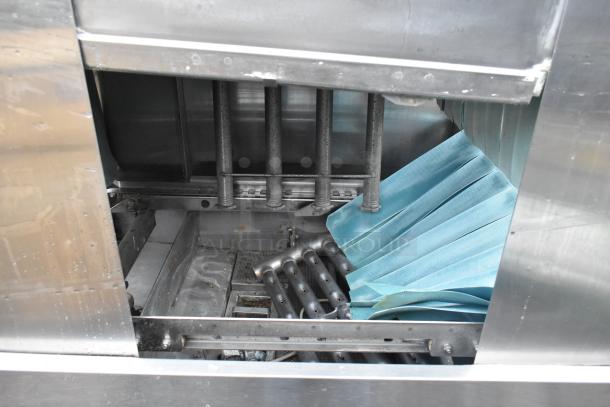 Hobart C44A stainless steel conveyor dishwasher, 480V, 3-phase, floor style, interior view showing conveyor and wash area.