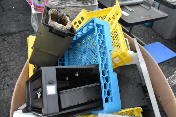Lot of assorted items including yellow and blue plastic crates, black caddy, and bins in used condition.