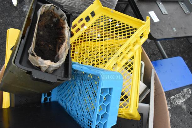 Lot of assorted items including yellow and blue plastic crates, black bin with soil. Used condition.