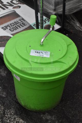 Green Poly Lettuce Spinner Salad Spinner with hand crank, visible wear, auction tag "191½ QT 1" by PCI Auctions.