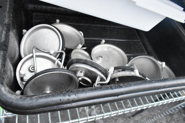 Chrome finish 3-tier wire shelving unit with 7 kegs and poly bins. Buyer must dismantle. Consider freight charges.