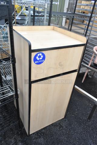 Wood pattern trash can shell with trash can, deposit flap, and door. Features a recycle sticker on the front.