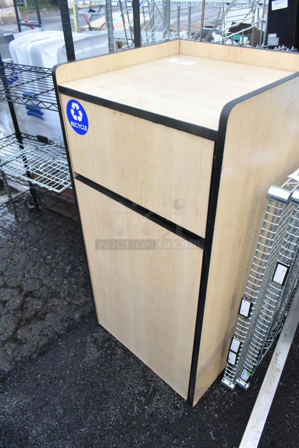 Wood pattern trash can shell with trash deposit flap and door, recycle label visible, in good condition.