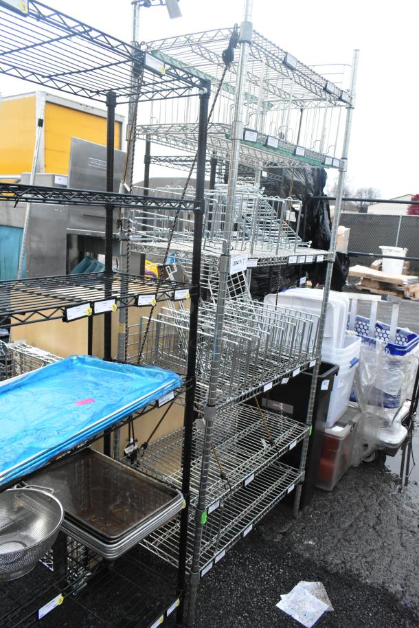 Chrome finish 6-tier wire shelving unit with assorted contents, excellent condition, buyer must dismantle.