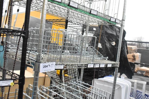 Chrome finish 6-tier wire shelving unit, includes various contents. Good condition. Buyer must dismantle for shipping.