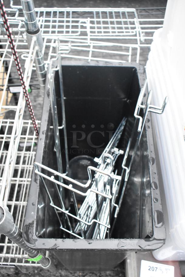 Black Poly Slim Jim Trash Can with metal racks, features wet surface, holds various contents, sturdy, ideal for storage.