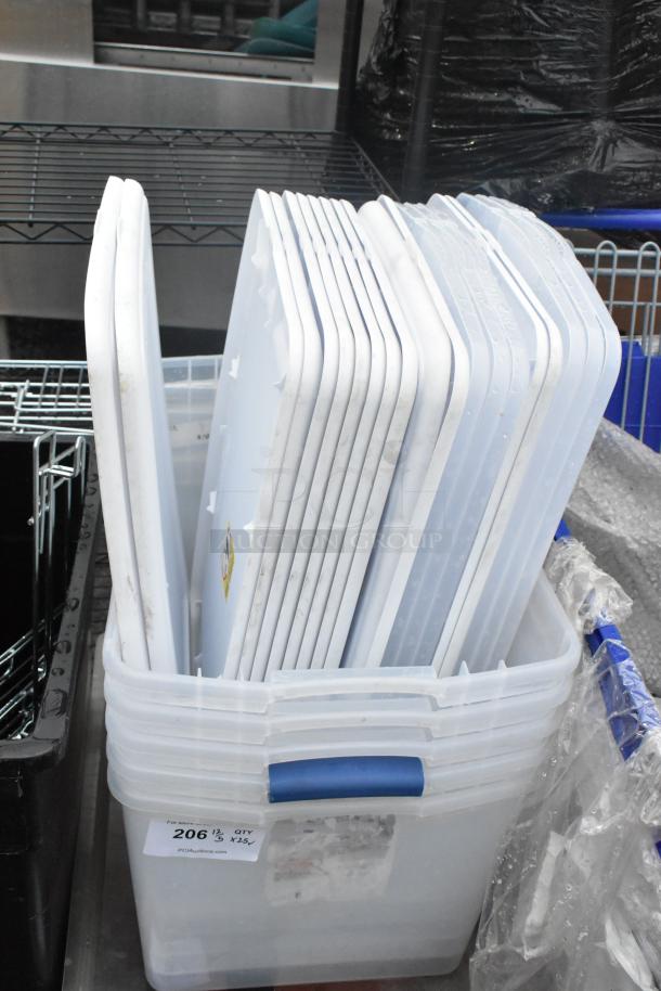 Five clear poly bins with twenty white lids, in good condition, visible label with "206" and quantity details, stacked outdoors.