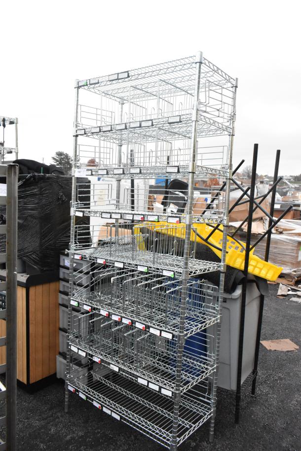 Chrome finish 8-tier wire shelving unit, durable design, needs dismantling. Ideal for organization or storage.
