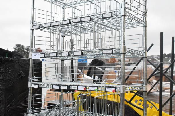 Chrome finish 8-tier wire shelving unit, sturdy design with labeled wire baskets; buyer must dismantle.