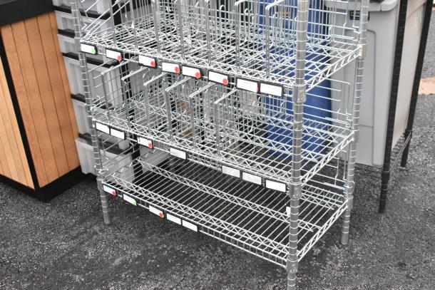 Chrome finish 8 tier wire shelving unit, sturdy design, pre-labeled sections, buyer must dismantle, freight required.