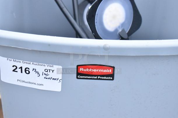 Rubbermaid gray poly trash can with label reading "Rubbermaid Commercial Products," auction lot tag visible.