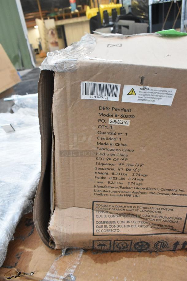 Cardboard box labeled "Pendant Model #60530," showing minor dents and a warning label about chemicals. Box weighs 8.23 lbs, Globe Electric Company Inc.
