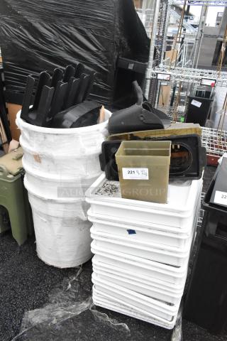 Assorted items including stackable white poly dough bins and trash cans, labeled for auction, in used condition.