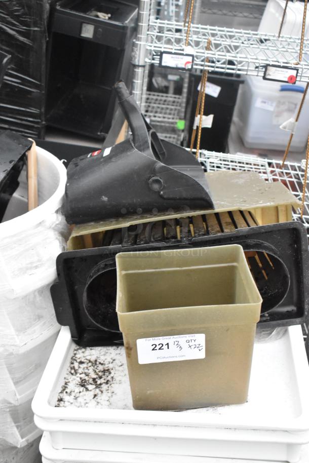 Assorted items including poly dough bins and trash cans. Visible tag reads "221, Qty x22." Good condition.