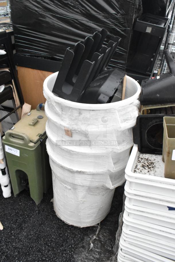 Lot of 22 items including poly dough bins and white trash cans. Items are in used condition, visible labels indicate auction lot numbers.