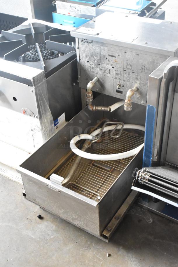 Pitco Frialator stainless steel commercial fryer oil filtration system on casters, includes hoses and fittings.