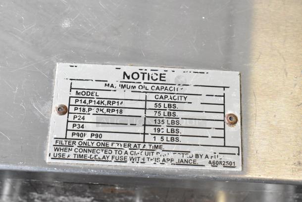 Pitco Frialator stainless steel fryer oil filtration system, new, models listed, max oil capacity 55-190 lbs, on casters.