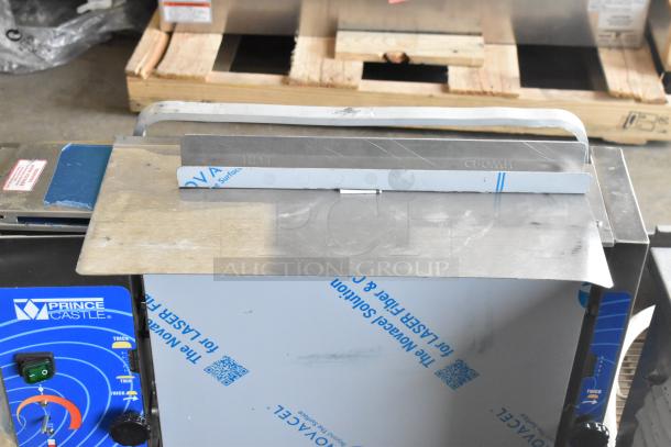 Prince Castle 297-T9 stainless steel vertical toaster, 115 volts, 1 phase. Features controls and branding visible. Good condition.