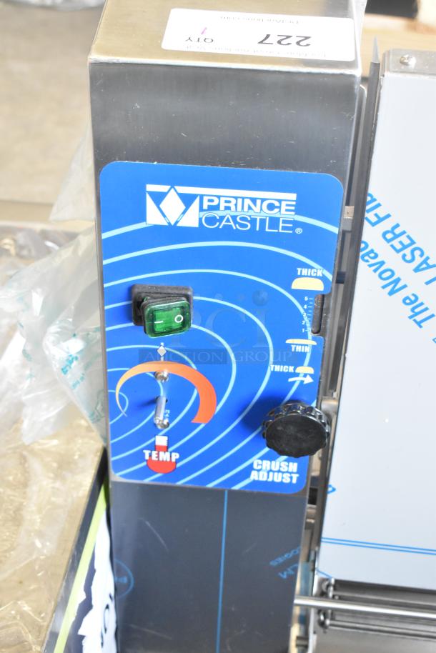 Prince Castle 297-T9 stainless steel vertical toaster, 115 volts, controls for temp and thickness, model label visible.