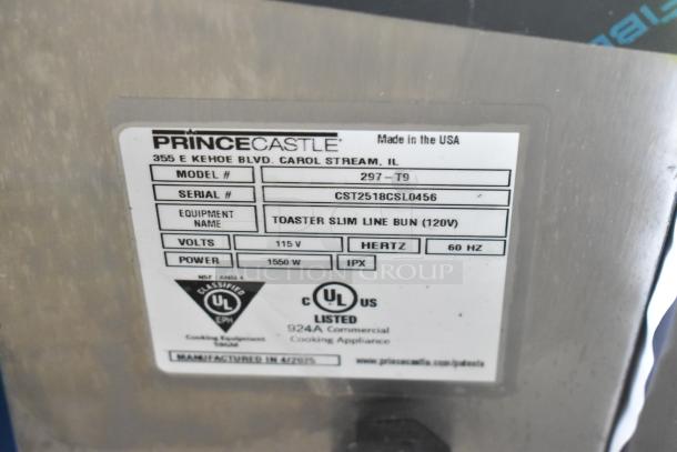 Prince Castle 297-T9 stainless steel toaster label, showing model, serial number, voltage, and UL certification.