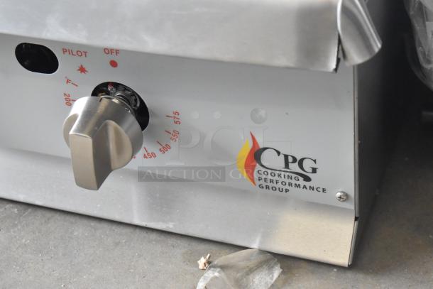 Brand new Cooking Performance Group griddle, model 351GTCPG48NL, with thermostatic controls and flame protection.