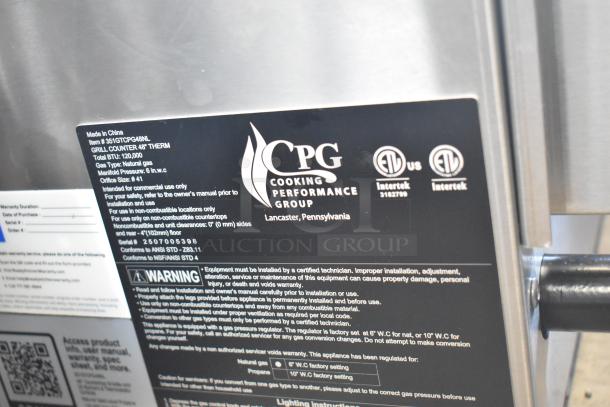 Cooking Performance Group 48" gas griddle label showing model 351GTCPG48NL, 120,000 BTU, with safety warnings.