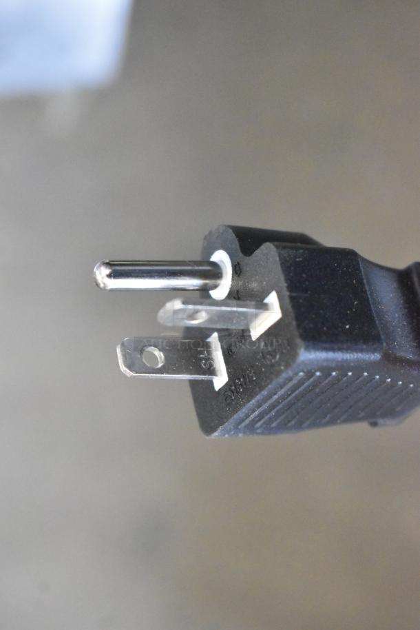 Close-up of a power plug for the Avantco 177EG24N commercial griddle, stainless steel body, 208/240V, 1 phase.