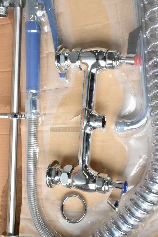 BRAND NEW 750PRD812 Waterloo pre-rinse faucet, 1.15 GPM, deck-mounted, 8" centers, 12" add-on. Scratch and dent condition.