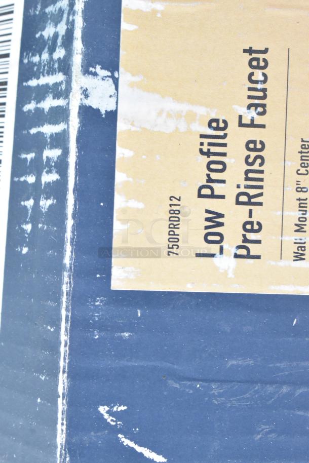 Brand new 750PRD812 Waterloo pre-rinse faucet box, showing model number. Scratch and dent condition, 1.15 GPM, 8" centers.