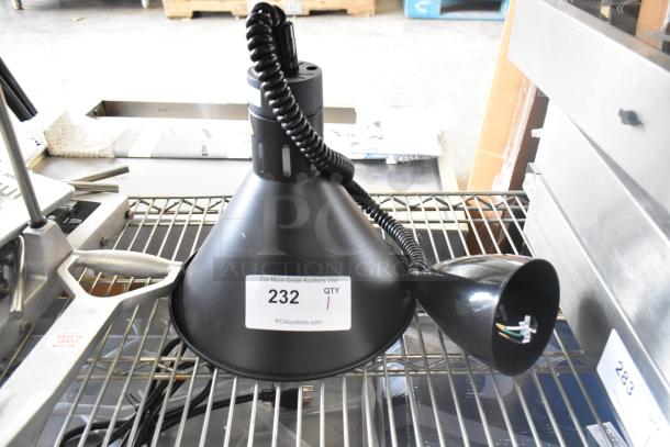 BRAND NEW ServIt 423HLR45BK heat lamp with retractable cord, modern black finish, round cone shade, 120V, 1 phase.