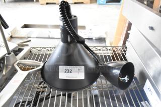 BRAND NEW ServIt 423HLR45BK heat lamp with retractable cord, modern black finish, round cone shade, 120V, 1 phase.