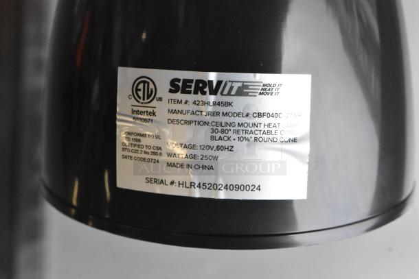 BRAND NEW ServIt 423HLR45BK heat lamp with retractable cord, black finish, 120V, 1 phase, round cone shade, made in China.