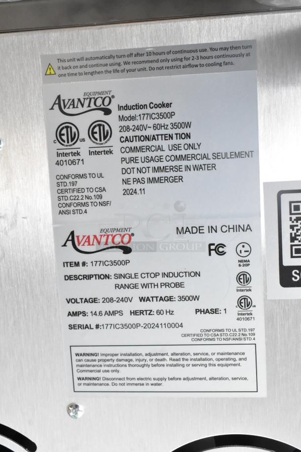 Brand new Avantco 177IC3500P stainless steel induction range with probe, 208-240V, 3500W, 1 phase, commercial use.