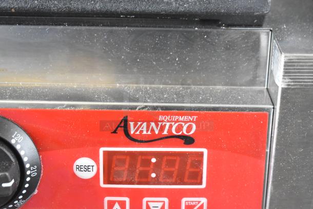 Avantco 177PG100ST stainless steel panini grill, brand new, features a timer, smooth plates, 8.5"x8.5" surface, 120V.