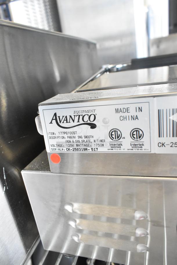 Stainless steel Avantco panini grill, model 177PG100ST, with smooth plates and timer. New, scratch and dent condition.