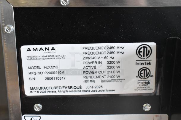 2025 Amana HDC212 stainless steel commercial microwave label showing model, power specs, and manufacturing details.