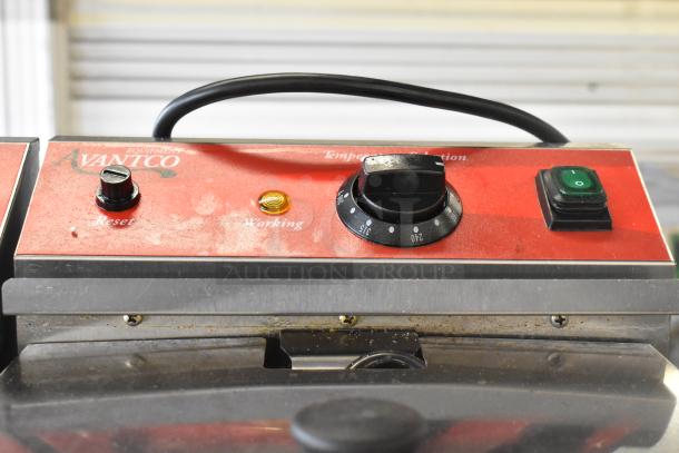 Brand new Avantco 177F202 stainless steel commercial electric countertop fryer, dual tank, 30 lb., with control panel.