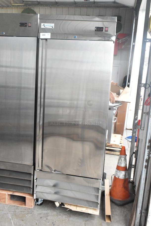 Brand new Avantco 178SS1RHC stainless steel cooler, single door, poly coated racks, commercial casters, minor scratches, 115V.