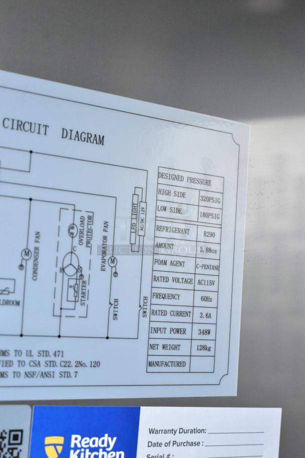 Close-up of electrical specifications for a 2025 Avantco 178SS1RHC stainless steel commercial cooler, indicating refrigerant type R290, voltage 115V, and weight 128kg.